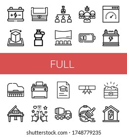 full simple icons set. Contains such icons as Battery, Augmented reality, Treasure, Water bottle, Organization, Panorama, Speedometer, Piano, can be used for web, mobile and logo