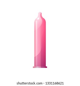 Full sized pink latex condom isolated on white background