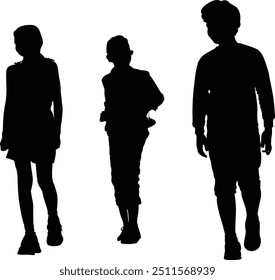 Full sized Vector silhouette of three school kids walking side by side. The image is in black and white with a transparent background, making it suitable for various educational or design purposes. 