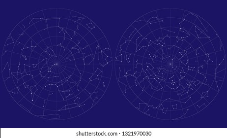 Full sky map vector design. Northern and southern hemispheres constellations