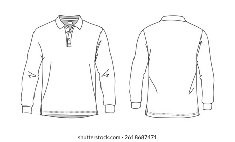 Full Sleeve Polo T-shirt vector line drawing template set mock up isolated on white background. Flat technical drawing template. Unisex T-Shirt illustration front, Side and back view. Vector EPS.