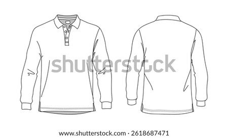 Full Sleeve Polo T-shirt vector line drawing template set mock up isolated on white background. Flat technical drawing template. Unisex T-Shirt illustration front, Side and back view. Vector EPS.