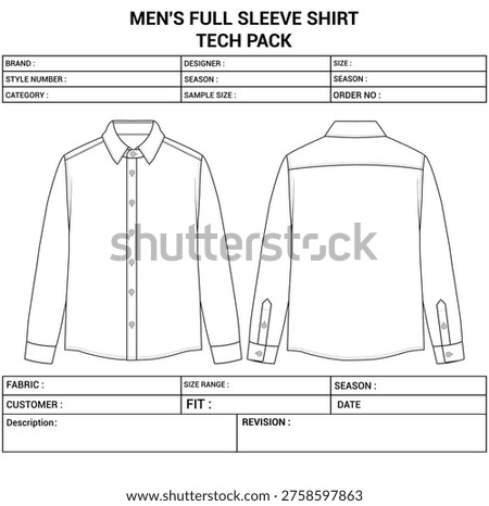 Men’s Full Sleeve Shirt Tech Pack Template Front and Back View 