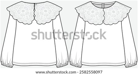 FULL SLEEVES KNIT TOP WITH EMBROIDERED PETER PAN COLLAR DETAIL DESIGNED FOR TEEN AND KID GIRLS IN VECTOR ILLUSTRATION FILE