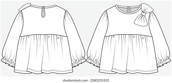 FULL SLEEVES KNIT TOP WITH EMPIRE CUT AND BOW DETAIL DESIGNED FOR TODDLER KID AND INFANT GIRLS IN VECTOR ILLUSTRATION FILE