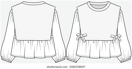 FULL SLEEVES WOVEN PEPLUM TOP WITH KNIT VEST DETAIL DESIGNED FOR TEEN AND KID GIRLS IN VECTOR ILLUSTRATION FILE