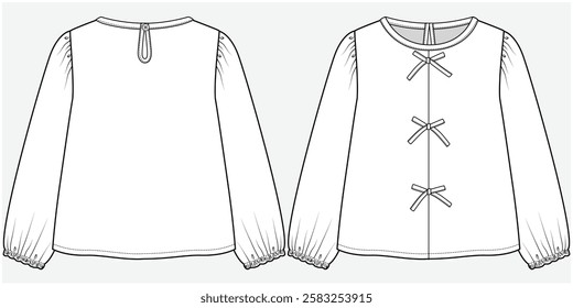 FULL SLEEVES WOVEN TOP WITH  CUTE BOW DETAIL DESIGNED FOR TEEN AND KID GIRLS IN VECTOR ILLUSTRATION FILE