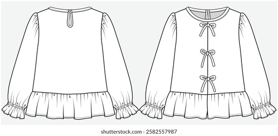 FULL SLEEVES WOVEN TOP WITH FRILL AND CUTE BOW DETAIL DESIGNED FOR TEEN AND KID GIRLS IN VECTOR ILLUSTRATION FILE