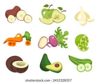 Full and slice fruits and vegetables isolated set. Vector graphic design illustration element