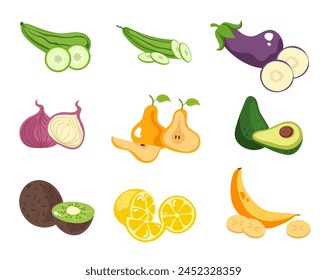 Full and slice fruits and vegetables isolated set. Vector graphic design illustration element