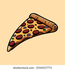 full sliced piece of pizza isolated colored drawing line art style sketch classic vintage design illustration