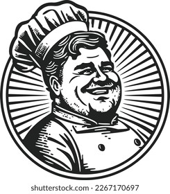 Full smiling chef with a hat. Logo style iconic badge. Hand drawn vintage engraving style woodcut vector illustration Eps 10