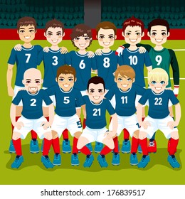Full soccer team posing on soccer field ready to play