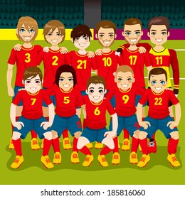 Full soccer team posing on soccer field ready to play