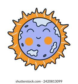 Full solar eclipse. Colorful vector isolated illustration hand drawn doodle. Cute smiling moon. Icon or card, print clip art with contour