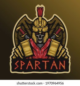 Full Spartan Armor Skull With Sword And Shield Mascot Esport Logo Vector Illustration