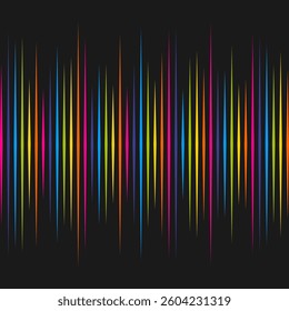 Full spectrum, vertical sound wave lines. A row of colourful waveform spikes. Isolated on a black background.