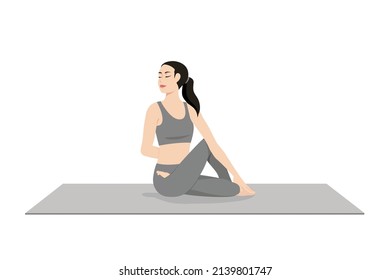 Full Spinal Twist Pose, Seated Spinal Twist. Beautiful girl practice Poorna Matsyendrasana. Young attractive woman practicing yoga exercise. working out, black wearing sportswear, grey pants and top