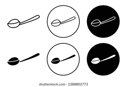 Full spoon icon set. Teaspoon front view vector symbol. Sugar powder spoon sign in black filled and outlined style.