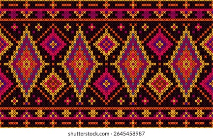 Padrão quadrado completo em um tecido, bordado, multi-colorido, sem emenda padrão.