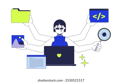 Concepto de ilustración 2D de trabajo de desarrollador de pila completa. Frontend y backend ingeniero mujer con múltiples manos personaje de dibujos animados aislado en blanco. Gráfico de Vector plano abstracto de metáfora de programador de codificador