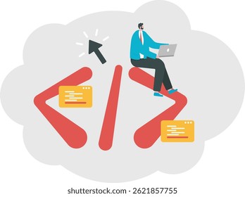 full stack developer, programmer, website and software development. IT staff. a worker or employee who works and coding or creating programs using a laptop. illustration concept design. element

