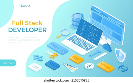 Full Stack Developer. Programmer who can work with software and hardware part of the service Back end and user interface Front end. Isometric vector illustration for website.