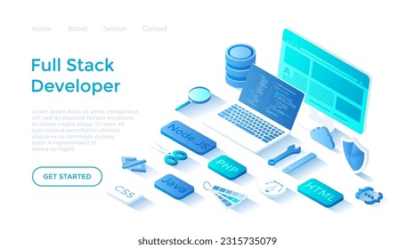 Full Stack Developer. Programmierer, der mit Software und Hardware arbeiten kann, die Teil des Service Back-End und Benutzeroberfläche Front-End. Landing page Template für Web auf weißem Hintergrund. 