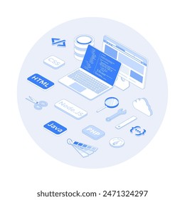 Desarrollador Full Stack. Programador que puede trabajar con software y hardware como parte del servicio Servidor e interfaz de usuario Cliente. Ilustración de contorno de Vector con escena de isometría para gráfico de Web