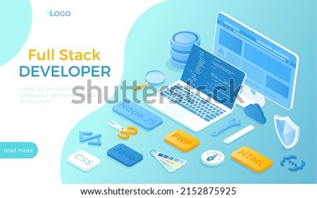Full Stack Developer. Programmer who can work with software and hardware part of the service Back end and user interface Front end. Isometric vector illustration for website.