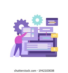 full stack developer, website and software programmer. illustration of a male employee doing the coding process. make a program on a laptop. flat style. vector design