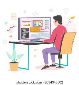 Full stack developer working on computer sitting at desk, flat vector illustration. IT professional, web developer programming, coding.