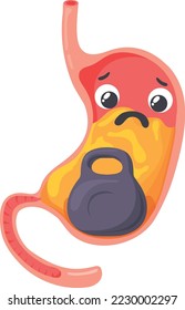 Full stomach heaviness filling. Cartoon sad character isolated on white background