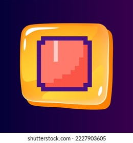 Full stop glossy ui button with pixelated color icon. Multimedia player control. Technology. Editable 8bit graphic element on shiny glass rectangle shape. Isolated image for arcade, video game design