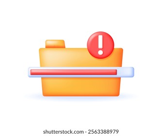 full storage concept. warning if file storage space is almost full. file and archive management. illustration of a folder with an exclamation mark. icon or symbol. minimalist 3d style design. element
