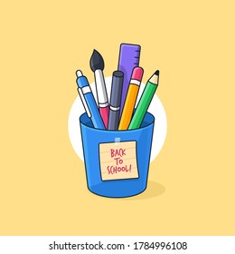 full of student and creativity tools inside a glass cup with back to school sticky note vector illustration. simple outline cartoon style flat design