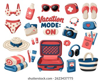 Juego completo de Essentials de viaje de verano. Maleta para viajes y vacaciones. Ilustración vectorial de dibujos animados sobre fondo blanco