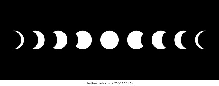 Full sun eclipse concept. Moon phases or stages illustration. Total solar eclipse and lunar cycle. Black and white elements for poster, banner, collage, brochure, cover, tattoo. Vector