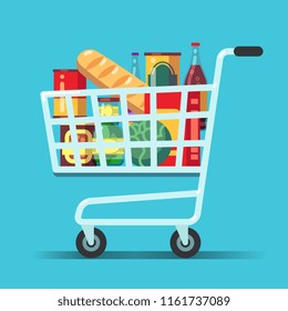 Full Supermarket Shopping Cart. Shop Trolley With Food. Grocery Store Vector Icon. Illustration Of Trolley And Cart For Supermarket, Food From Grocery Market