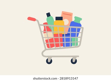 A full supermarket shopping cart vector illustration packed with consumer grocery items household products and daily necessities for retail market commerce consumerism and family shopping trips.