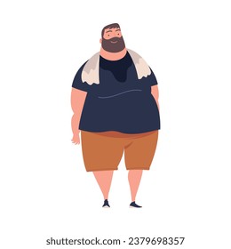 Full Sweaty Bearded Man Character with Plump Body Standing and Smiling Vector Illustration