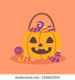 Un dulce dulce dulce dulce en un cubo de calabaza para celebrar los saludos de las celebridades de Halloween durante las fiestas. Caricatura de ilustraciones vectoriales.