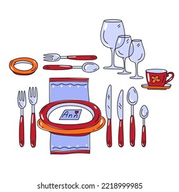 Full table setting of plates, forks, knives, spoons, glasses and tea pair isolated on white background