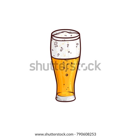 Full tall glass of light beer, ale, cider, hand-drawn, sketch style vector illustration isolated on white background. Hand drawing of light beer, lager, ale, cider with foam in tall glass