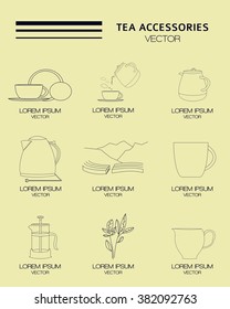 Full tea accessories vector icon set: cup, tea, tea leaf