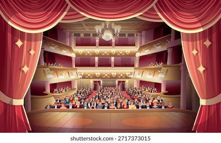 A full theater hall with spectators. Theater hall. View of an empty theater hall with seats. An old vintage theater hall. A performance on stage. Backstage.
