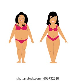 Full and thin girl in a swimsuit. Vector flat illustration
