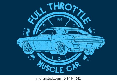 Full Throttle Muscle Car Vintage abgenutzt auf blauem Hintergrund und Lenkrad .Dieses Design ist geeignet für alte oder klassische Autogarage, Geschäfte, Reparatur und T-Shirts. Auch Briefmarken und Drucke