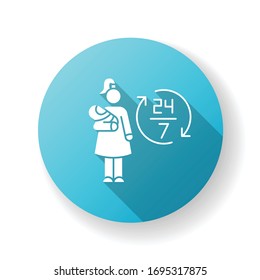 Full time babysitter blue flat design long shadow glyph icon. 24 7 looking after newborn kid. Babysitting services during full day. Around clock help with kid. Silhouette RGB color illustration