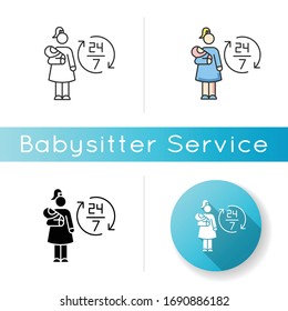 Full Time Babysitter Icon. 24 7 Looking After Newborn Kid. Babysitting Services During Full Day. Around Clock Help With Kid. Linear Black And RGB Color Styles. Isolated Vector Illustrations